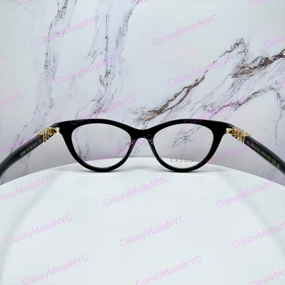 New GUCCI Eyeglasses Black 50mm Acetate Cat Eye Gold Cut Out Metal Logo Rx-able